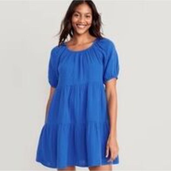Old navy 💯 Cotton gauze Puff-Sleeve Tiered Mini Swing Dress blue size - Picture 2 of 12